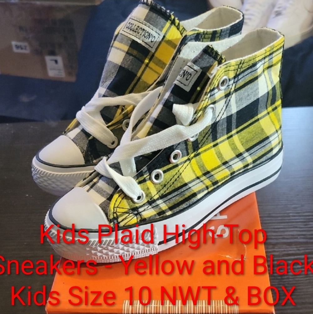 Kids Plaid High-Top Sneakers - Yellow and Black Kids Size 10 NWT & BOX